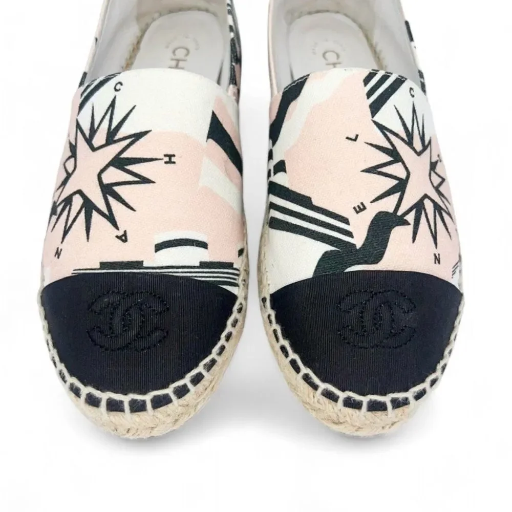 CHANEL La Pausa Ecru Star Print Canvas Cap Toe CC Logo Espadrilles Size …